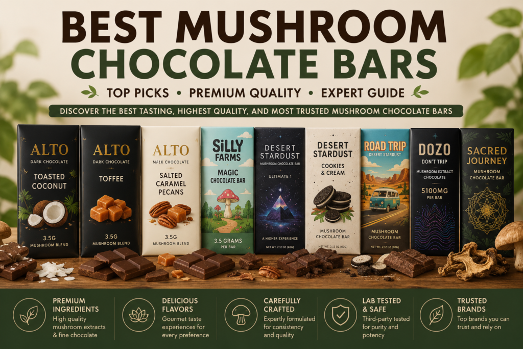 Best Mushroom Chocolate Bars featuring premium mushroom-infused chocolate bars in assorted gourmet flavors.
