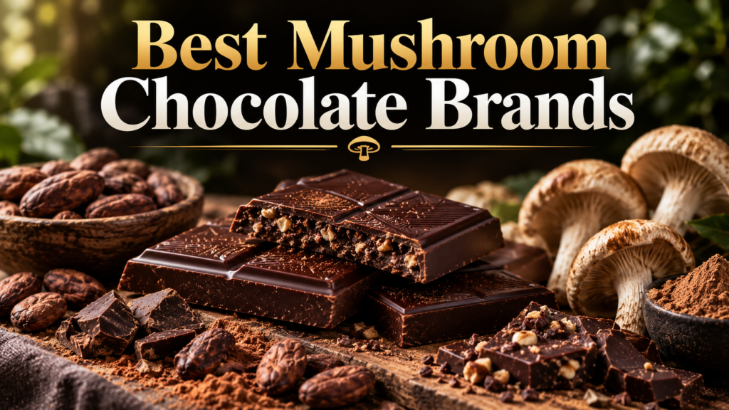 Best mushroom chocolate brands educational guide featuring premium mushroom chocolate bars, gourmet artisan chocolate, cocoa beans, and quality ingredients.