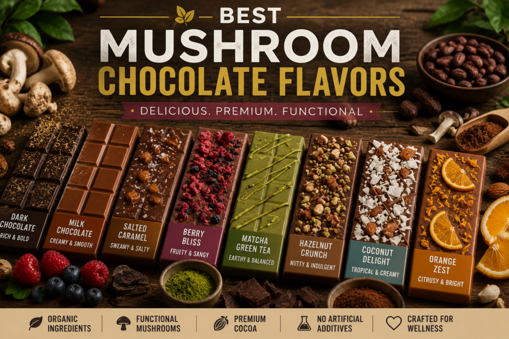 Best Mushroom Chocolate Flavors 1 Best Mushroom Chocolate Flavors featuring premium dark, milk, caramel, matcha, berry, coconut, hazelnut, and orange mushroom chocolate bars.