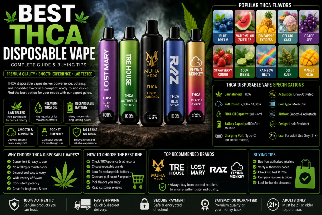 Best THCA Disposable Vape guide featuring premium disposable vape devices with rechargeable options and modern designs.