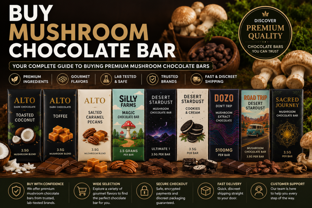 Mushroom Chocolate Bars for Sale featuring premium gourmet mushroom chocolate bars available at Evergreen Mushrooms.