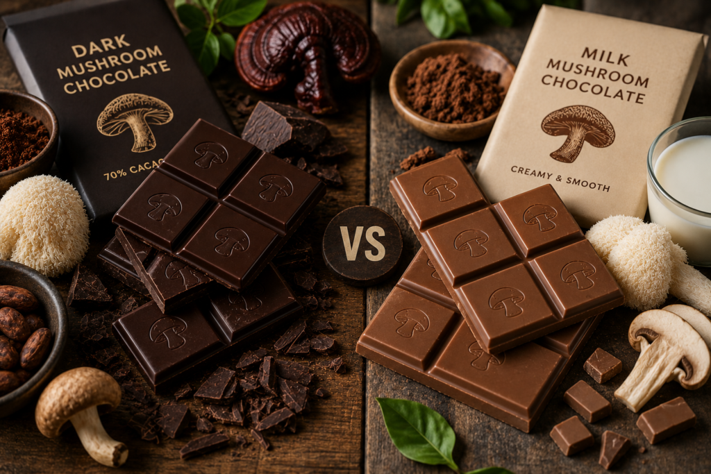 Dark vs Milk Mushroom Chocolate 2 Dark vs Milk Mushroom Chocolate comparison featuring premium dark chocolate and milk chocolate mushroom bars with rich cocoa ingredients.