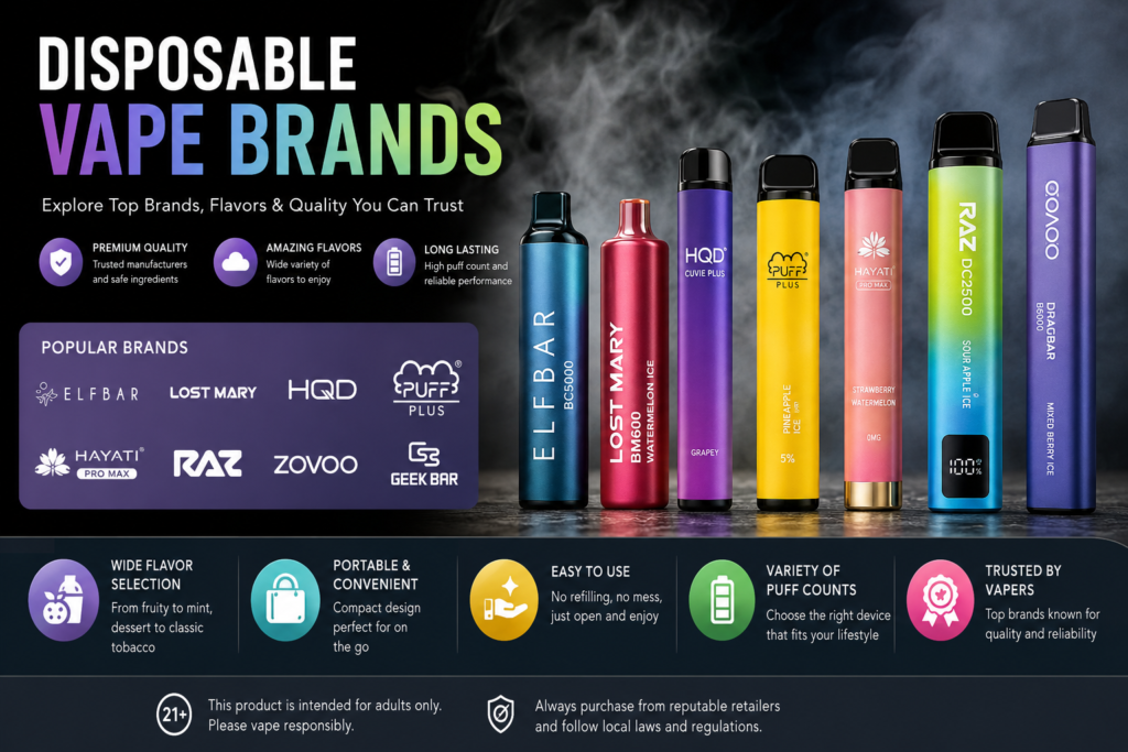 1 Disposable Vape Brands featuring a selection of colorful disposable vape devices from leading manufacturers.