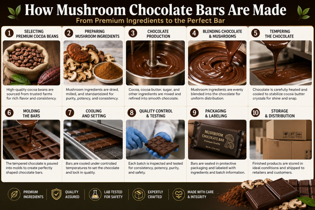 How Mushroom Chocolate Bars Are Made: Complete Manufacturing Guide 1 How Mushroom Chocolate Bars Are Made using premium cocoa and carefully selected mushroom ingredients
