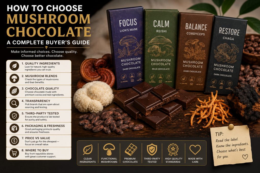 How to Choose Mushroom Chocolate How to Choose Mushroom Chocolate guide showing premium mushroom chocolate bars, functional mushroom ingredients, gourmet chocolate, and tips for selecting high-quality mushroom chocolate.