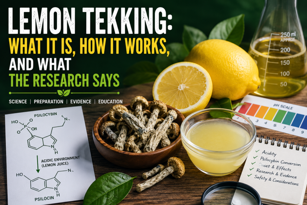 Educational illustration explaining lemon tekking and mushroom science