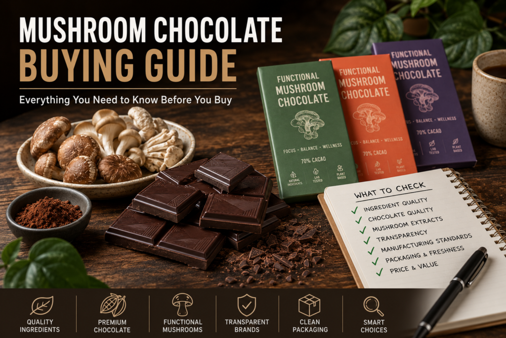 Mushroom Chocolate Buying Guide featuring premium mushroom chocolate bars, gourmet chocolate, quality ingredients, functional mushrooms, and expert buying tips.