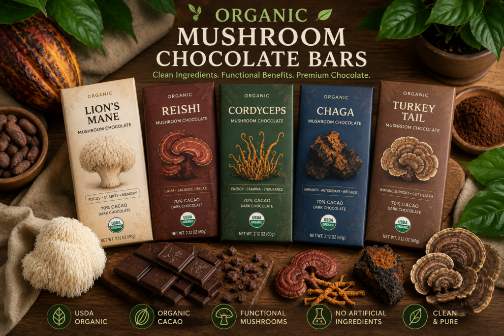 Organic Mushroom Chocolate Bars Organic Mushroom Chocolate Bars made with premium organic cacao and functional mushroom ingredients.