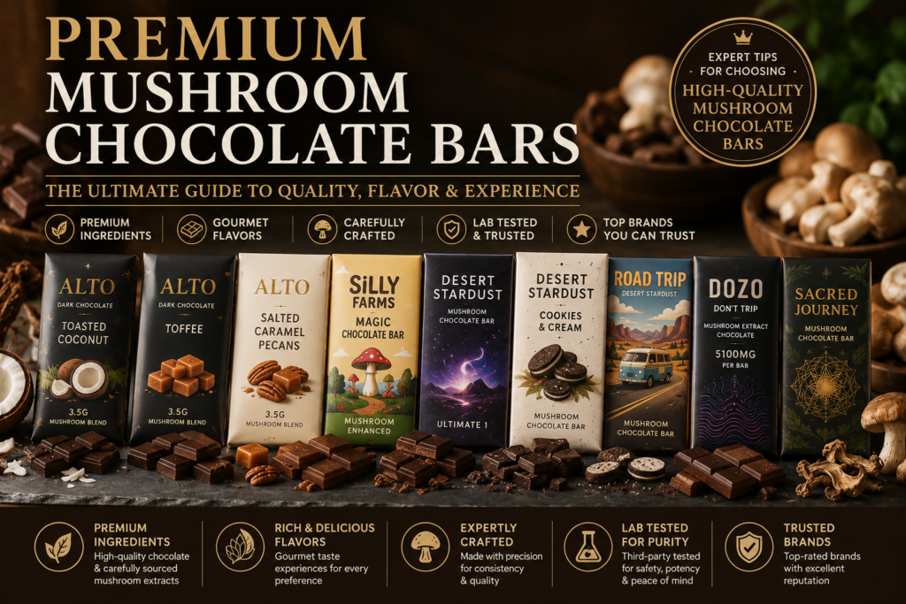Premium Mushroom Chocolate Bars featuring gourmet chocolate bars with rich flavors and quality ingredients.