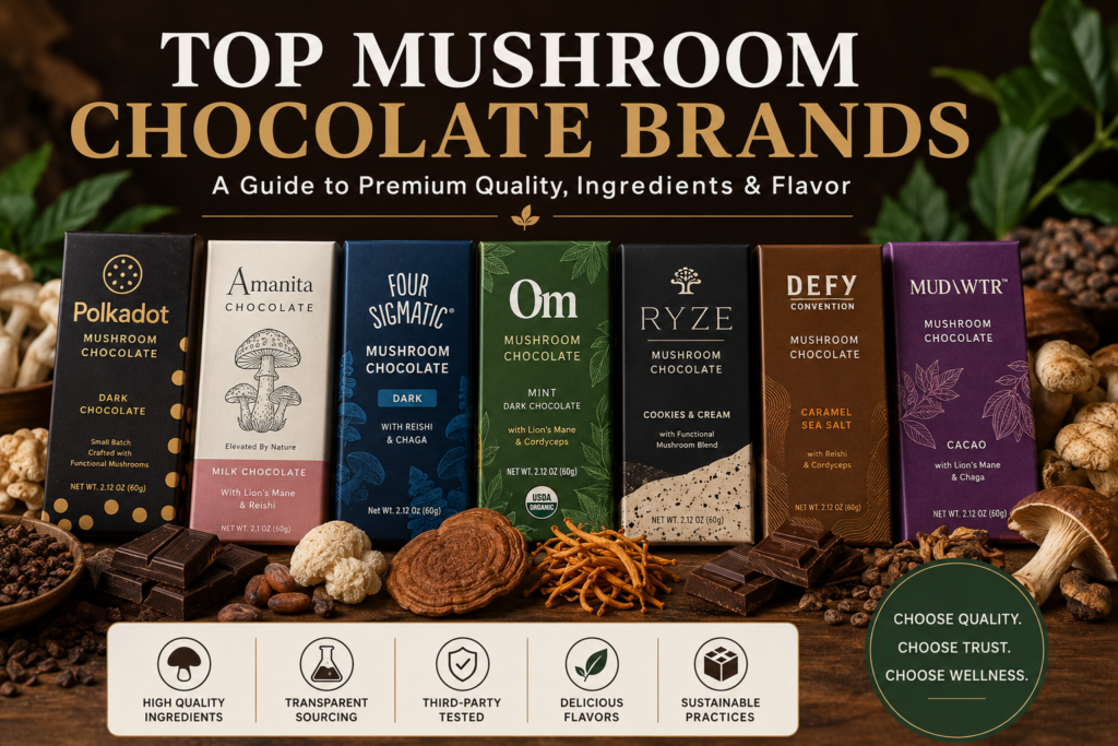 Top Mushroom Chocolate Brands Top Mushroom Chocolate Brands guide featuring premium mushroom chocolate bars, gourmet flavors, and high-quality functional mushroom chocolate products.