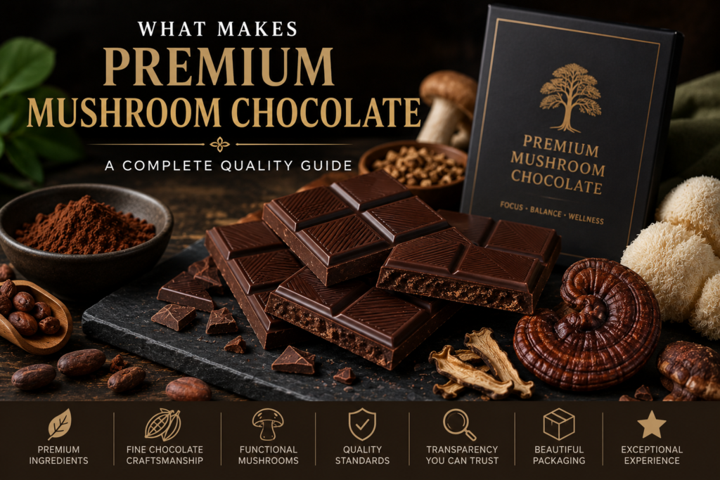 What Makes Premium Mushroom Chocolate 3 What Makes Premium Mushroom Chocolate featuring high-quality mushroom chocolate bars, premium cocoa, functional mushroom ingredients, and artisan chocolate craftsmanship.