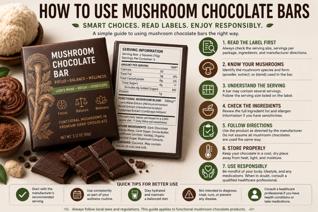 How to Use Mushroom Chocolate Bars label and serving guide