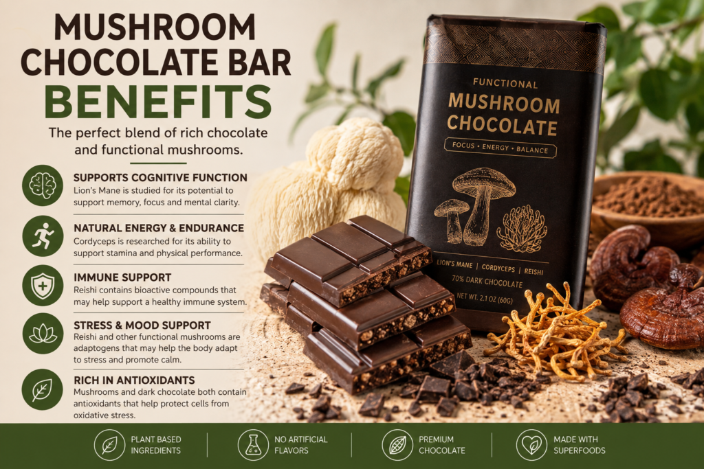 Mushroom chocolate bar benefits with functional mushroom ingredients