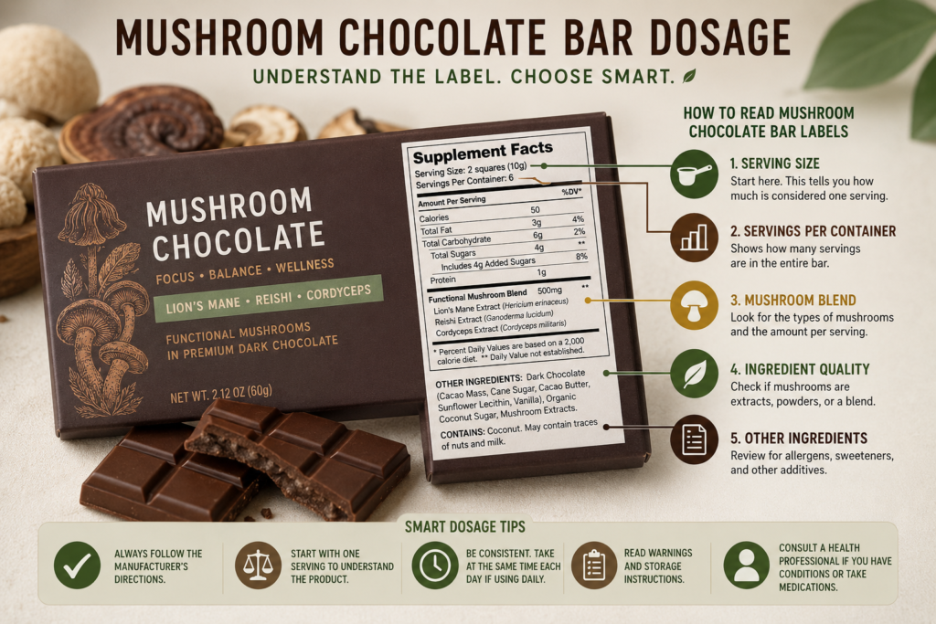 Mushroom Chocolate Bar Dosage serving size and product label guide