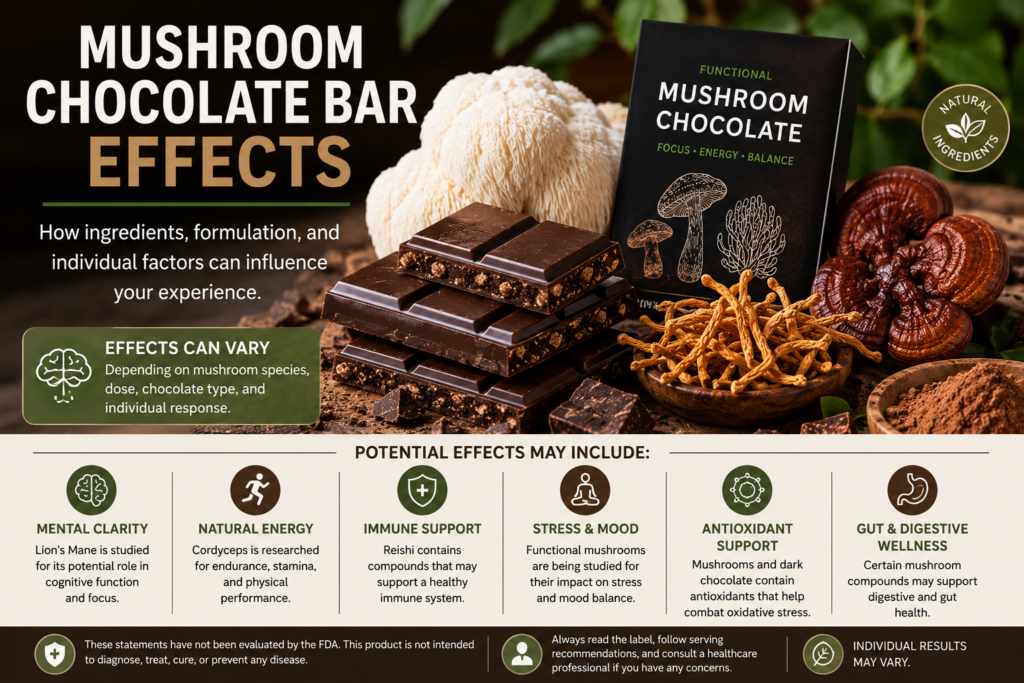Mushroom Chocolate Bar Effects with chocolate and functional mushroom ingredients