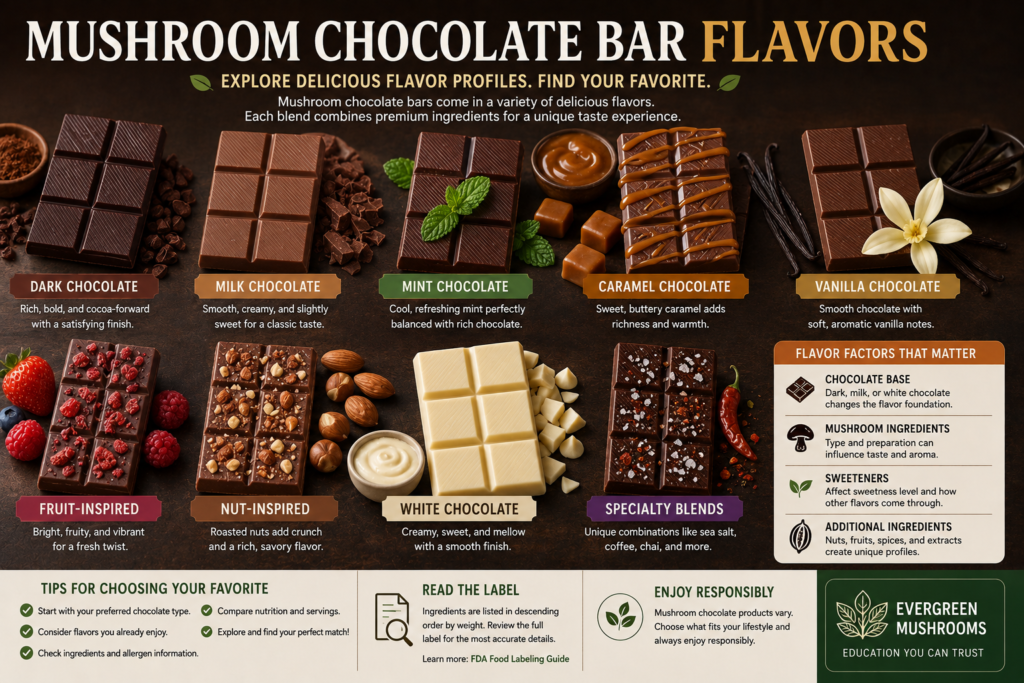 Mushroom Chocolate Bar Flavors guide with assorted chocolate flavor options