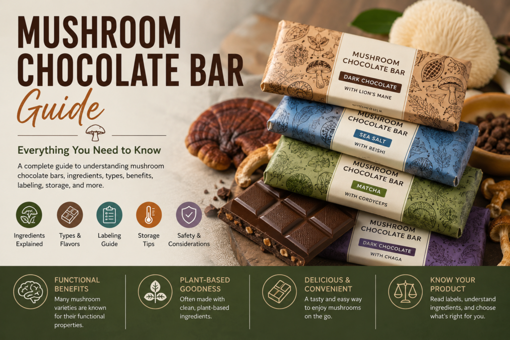 Mushroom Chocolate Bar Guide with assorted mushroom chocolate bars