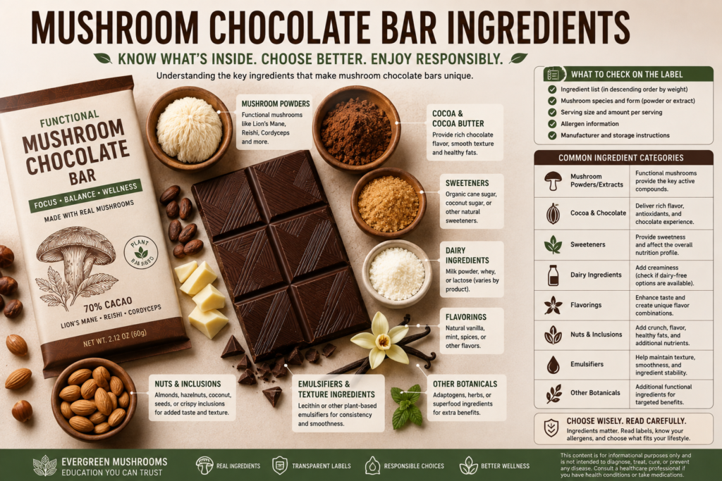 Mushroom Chocolate Bar Ingredients guide showing chocolate and mushroom ingredients