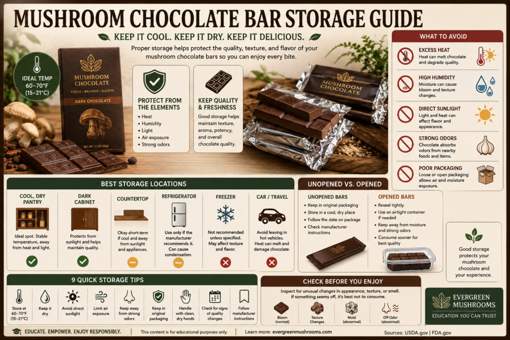 Mushroom Chocolate Bar Storage Guide 4 Mushroom Chocolate Bar Storage Guide showing proper chocolate storage conditions