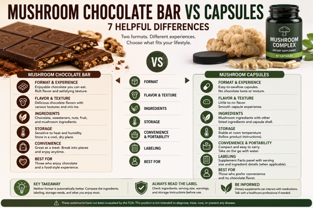 Mushroom Chocolate Bar vs Capsules 2 Mushroom Chocolate Bar vs Capsules comparison showing chocolate bar and capsule formats