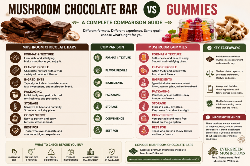 Mushroom Chocolate Bar vs Gummies 3 Mushroom Chocolate Bar vs Gummies comparison showing chocolate bar and gummy formats