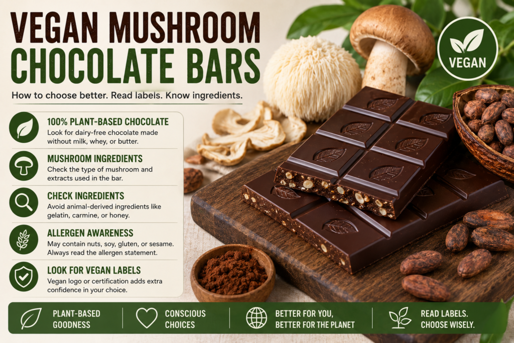 Vegan Mushroom Chocolate Bars 1 Vegan Mushroom Chocolate Bars with plant-based chocolate and mushrooms
